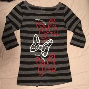 “Say Yes to Bows” gray and black striped shirt